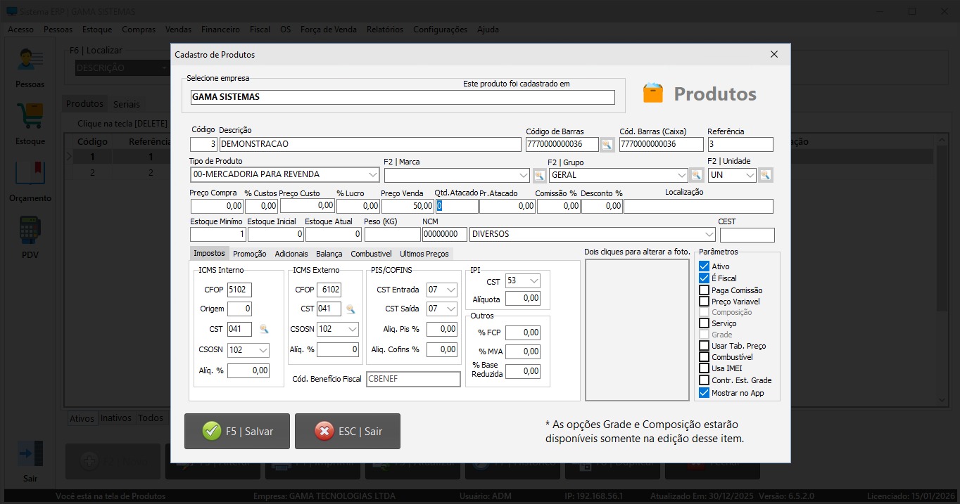 Tela de Cadastro de Produtos