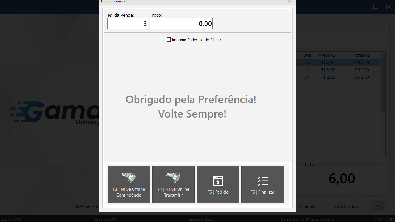 Tela de Finalização c/ Fiscal